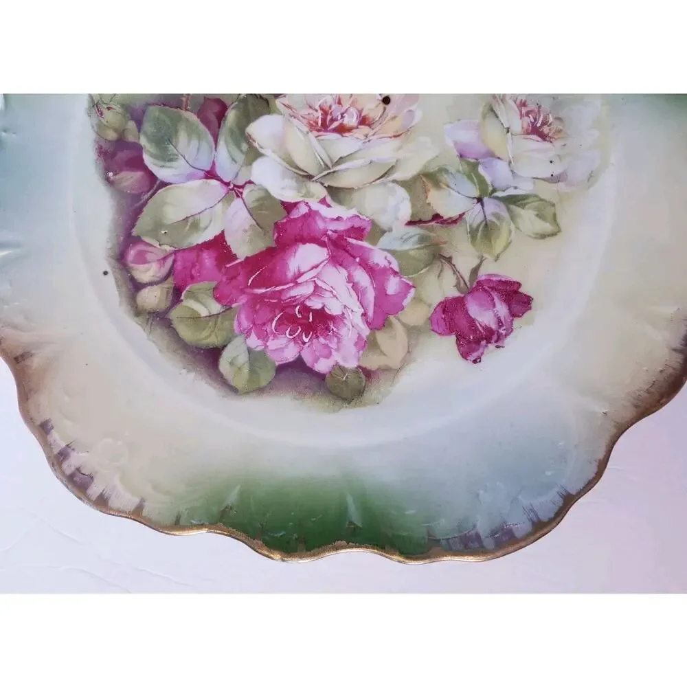 Vintage Hand‎ Painted Handled Cake Dessert Plate Green w/ Pink Roses Germany